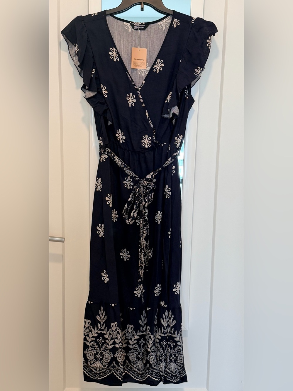 BloomChic Navy Dress with White Floral Embroidery